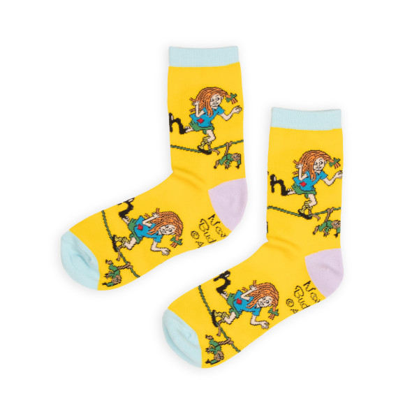 Nordic Buddies Pippi Langstrumpf und Herr Nilsson gelb Erwachsene Retro Socken Gr. 36-42